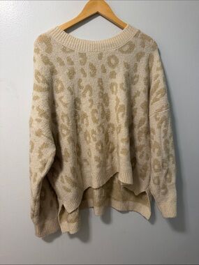 Leopard Jacquard Crewneck Sweater - Cream/Beige